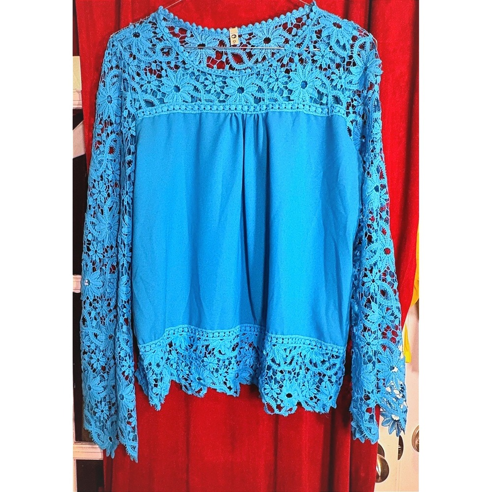 Oioninos Crochet Lace Blouse Women's L Turquoise Good Boho Long Sleeve Top